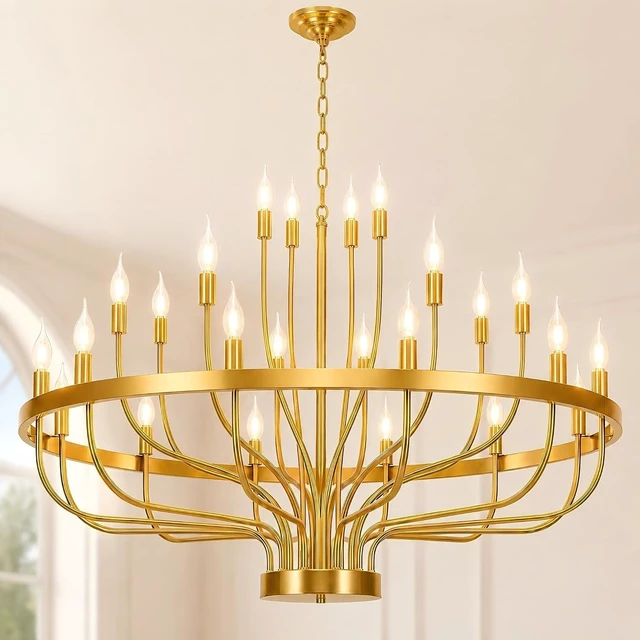 Main image of Large Gold Chandelier 24-Light 39in Wagon Wheel Light for High Ceilings