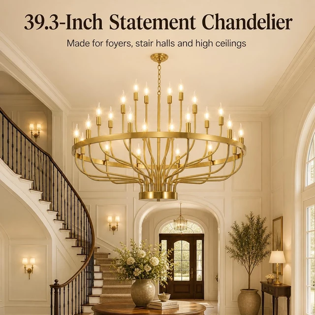 Alt view image 2 of 7 - Large Gold Chandelier 24-Light 39in Wagon Wheel Light for High Ceilings