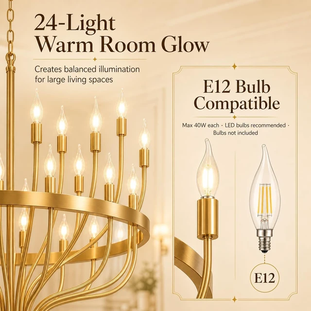 Alt view image 3 of 7 - Large Gold Chandelier 24-Light 39in Wagon Wheel Light for High Ceilings