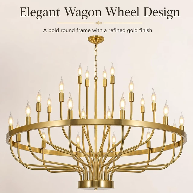 Alt view image 4 of 7 - Large Gold Chandelier 24-Light 39in Wagon Wheel Light for High Ceilings
