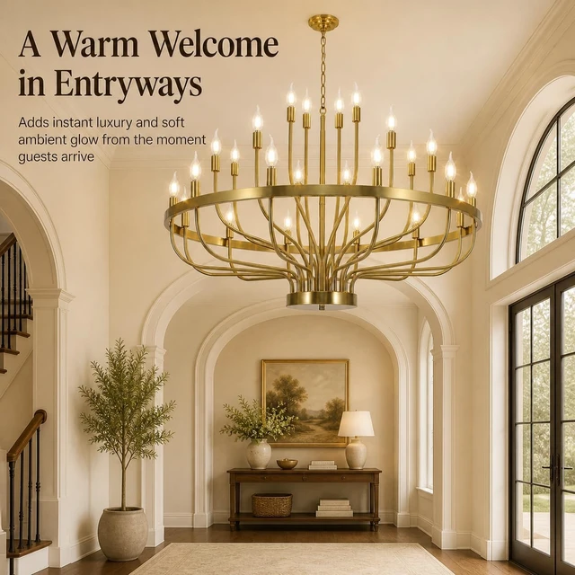 Alt view image 5 of 7 - Large Gold Chandelier 24-Light 39in Wagon Wheel Light for High Ceilings