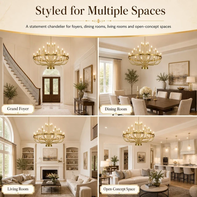 Alt view image 7 of 7 - Large Gold Chandelier 24-Light 39in Wagon Wheel Light for High Ceilings