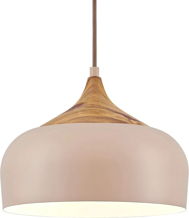 Main image of ELYONA 12 Inch Modern Japandi Pendant Light for Kitchen Island Farmhouse Hanging Lamp with Faux Pine Wood Grain Metal Shade, Adjustable Wabi Sabi Ceiling Fixture for Dining Room Bedroom,Light Brown