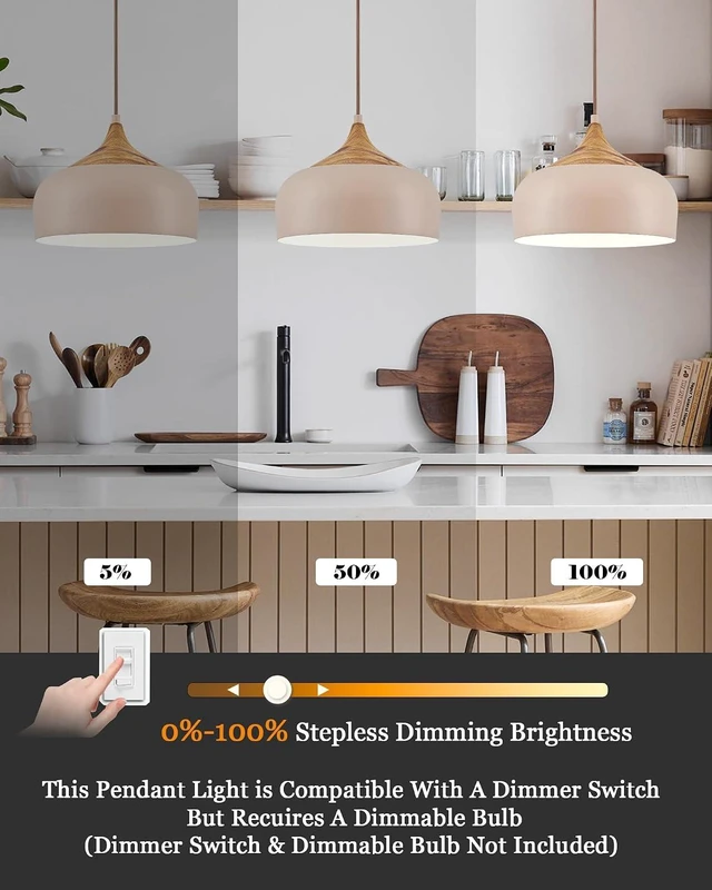 Alt view image 2 of 7 - ELYONA 12 Inch Modern Japandi Pendant Light for Kitchen Island Farmhouse Hanging Lamp with Faux Pine Wood Grain Metal Shade, Adjustable Wabi Sabi Ceiling Fixture for Dining Room Bedroom,Light Brown