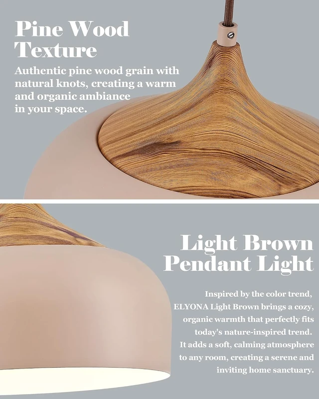 Alt view image 4 of 7 - ELYONA 12 Inch Modern Japandi Pendant Light for Kitchen Island Farmhouse Hanging Lamp with Faux Pine Wood Grain Metal Shade, Adjustable Wabi Sabi Ceiling Fixture for Dining Room Bedroom,Light Brown