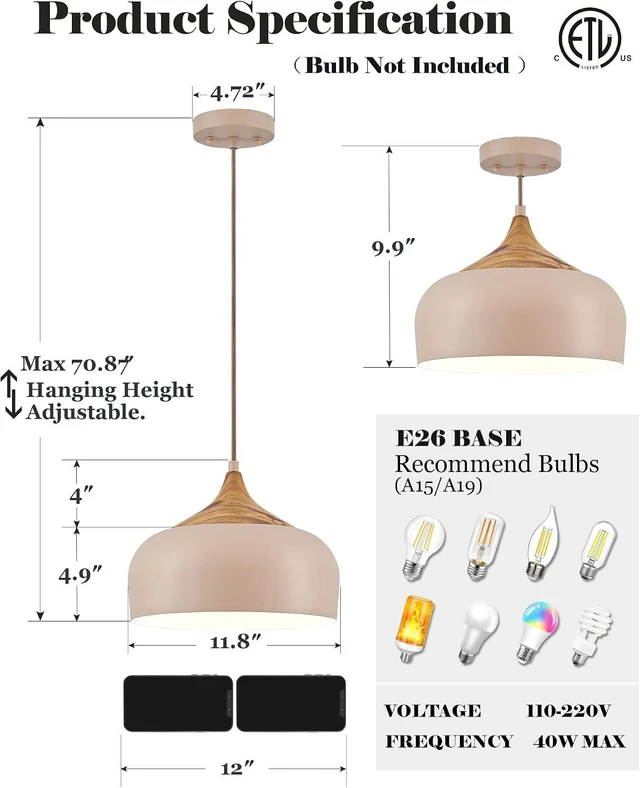 Alt view image 5 of 7 - ELYONA 12 Inch Modern Japandi Pendant Light for Kitchen Island Farmhouse Hanging Lamp with Faux Pine Wood Grain Metal Shade, Adjustable Wabi Sabi Ceiling Fixture for Dining Room Bedroom,Light Brown