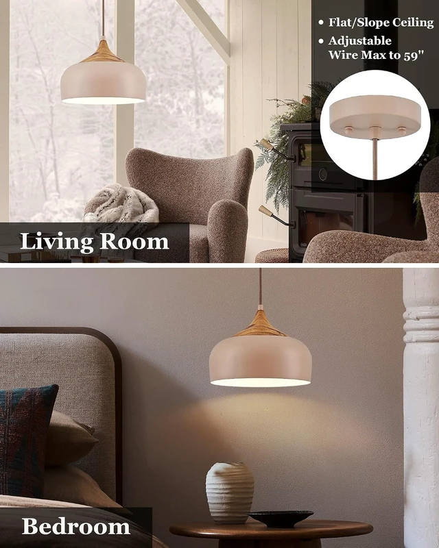 Alt view image 7 of 7 - ELYONA 12 Inch Modern Japandi Pendant Light for Kitchen Island Farmhouse Hanging Lamp with Faux Pine Wood Grain Metal Shade, Adjustable Wabi Sabi Ceiling Fixture for Dining Room Bedroom,Light Brown