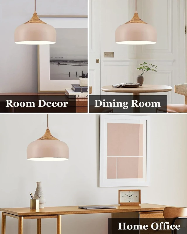 Alt view image 6 of 7 - ELYONA 12 Inch Modern Japandi Pendant Light for Kitchen Island Farmhouse Hanging Lamp with Faux Pine Wood Grain Metal Shade, Adjustable Wabi Sabi Ceiling Fixture for Dining Room Bedroom,Light Brown