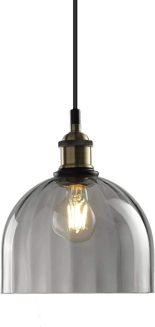 Main image of Grey Ribbed Glass Pendant Light Kitchen Island 7.8Inch Black Hanging Lamp