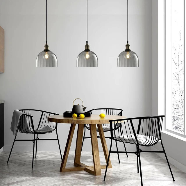 Alt view image 2 of 7 - Grey Ribbed Glass Pendant Light Kitchen Island 7.8Inch Black Hanging Lamp