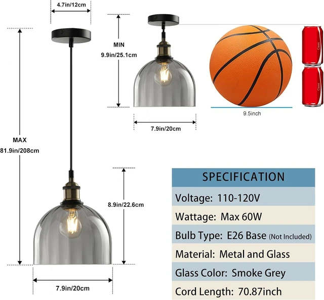 Alt view image 6 of 7 - Grey Ribbed Glass Pendant Light Kitchen Island 7.8Inch Black Hanging Lamp
