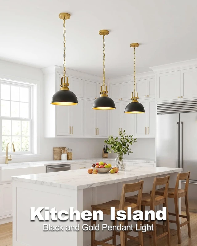 Alt view image 2 of 6 - Black and Gold Pendant Lights Kitchen Island with 12 Inch Dome Shade