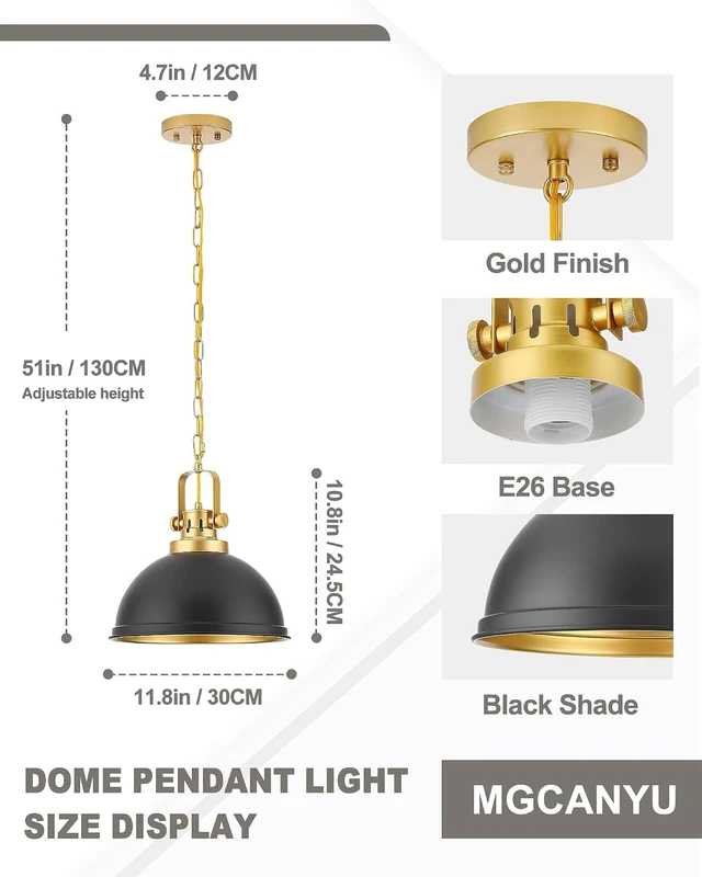Alt view image 6 of 6 - Black and Gold Pendant Lights Kitchen Island with 12 Inch Dome Shade