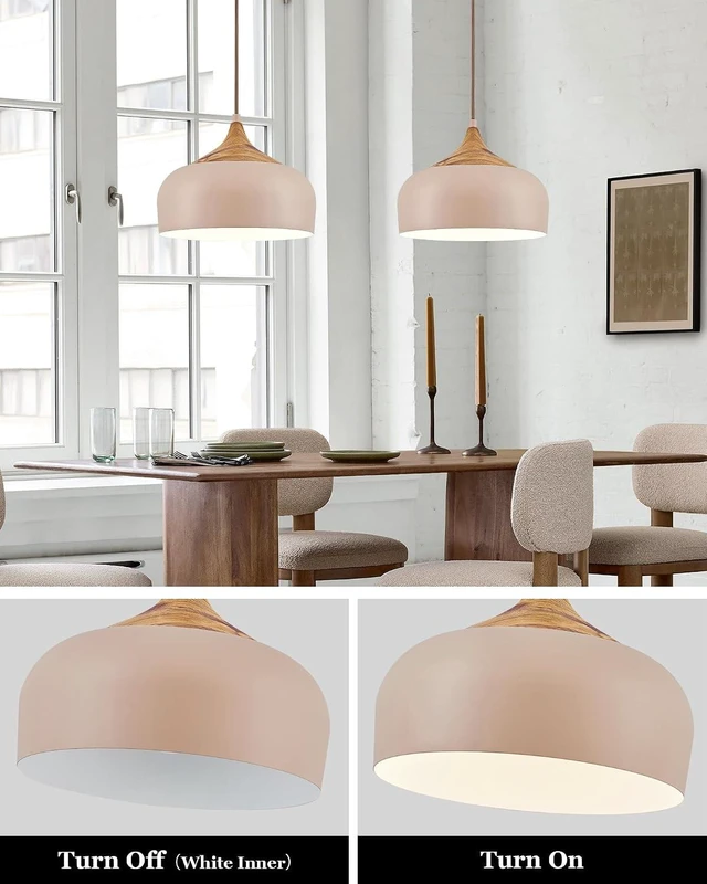 Alt view image 3 of 7 - ELYONA 12 Inch Modern Japandi Pendant Light for Kitchen Island Farmhouse Hanging Lamp with Faux Pine Wood Grain Metal Shade, Adjustable Wabi Sabi Ceiling Fixture for Dining Room Bedroom,Light Brown