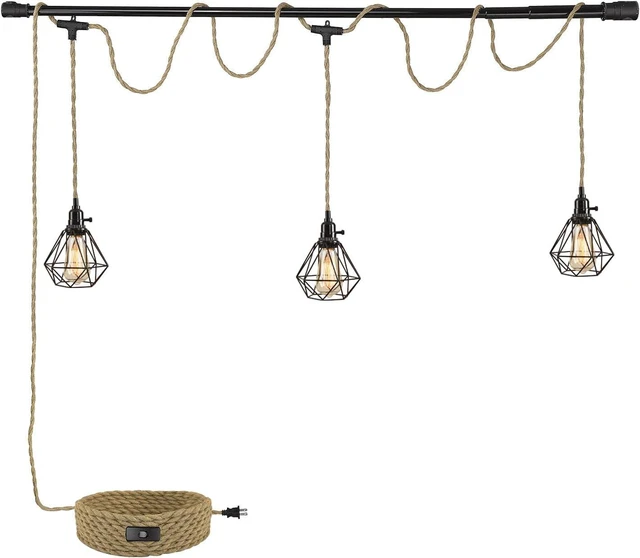 Main image of 3-Light Hanging Light with Plug in Cord,Plug in Pendant Light 22ft Hemp Rope Pendant Lighting Vintage 3-Light Hanging Lamp Fixtures for Kitchen Island Living Room Bedroom