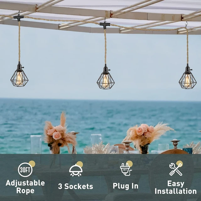 Alt view image 2 of 5 - 3-Light Hanging Light with Plug in Cord,Plug in Pendant Light 22ft Hemp Rope Pendant Lighting Vintage 3-Light Hanging Lamp Fixtures for Kitchen Island Living Room Bedroom