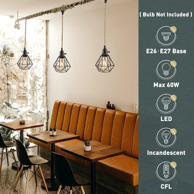 Alt view image 3 of 5 - 3-Light Hanging Light with Plug in Cord,Plug in Pendant Light 22ft Hemp Rope Pendant Lighting Vintage 3-Light Hanging Lamp Fixtures for Kitchen Island Living Room Bedroom