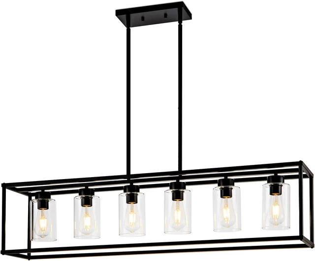Main image of 6 Light Dining Room Light Fixture Black Farmhouse Chandelier Kitchen Island Pendant Lighting Rectangle Modern Industrial Living Room Hanging Lights Adjustable Height