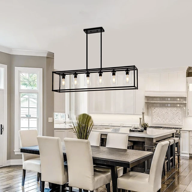 Alt view image 2 of 7 - 6 Light Dining Room Light Fixture Black Farmhouse Chandelier Kitchen Island Pendant Lighting Rectangle Modern Industrial Living Room Hanging Lights Adjustable Height