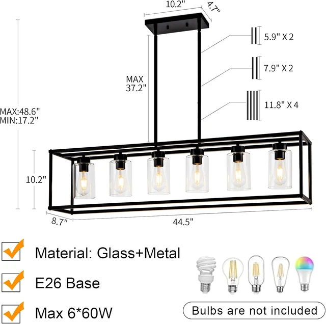 Alt view image 3 of 7 - 6 Light Dining Room Light Fixture Black Farmhouse Chandelier Kitchen Island Pendant Lighting Rectangle Modern Industrial Living Room Hanging Lights Adjustable Height