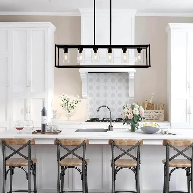 Alt view image 4 of 7 - 6 Light Dining Room Light Fixture Black Farmhouse Chandelier Kitchen Island Pendant Lighting Rectangle Modern Industrial Living Room Hanging Lights Adjustable Height