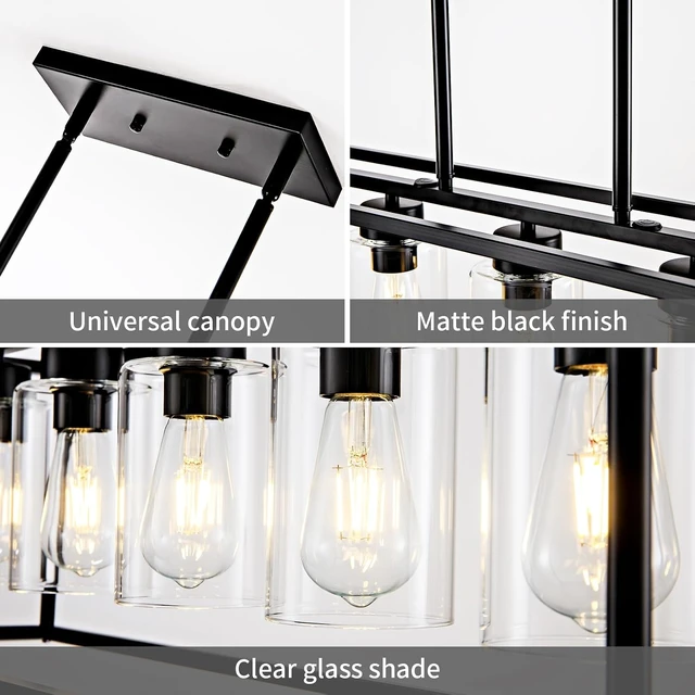 Alt view image 5 of 7 - 6 Light Dining Room Light Fixture Black Farmhouse Chandelier Kitchen Island Pendant Lighting Rectangle Modern Industrial Living Room Hanging Lights Adjustable Height