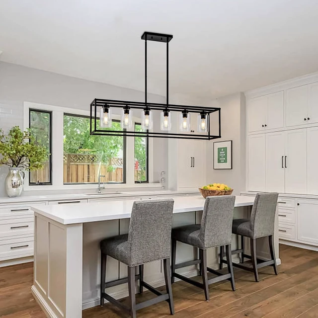 Alt view image 6 of 7 - 6 Light Dining Room Light Fixture Black Farmhouse Chandelier Kitchen Island Pendant Lighting Rectangle Modern Industrial Living Room Hanging Lights Adjustable Height