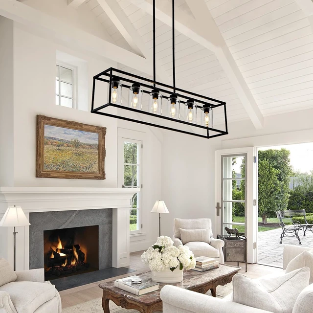 Alt view image 7 of 7 - 6 Light Dining Room Light Fixture Black Farmhouse Chandelier Kitchen Island Pendant Lighting Rectangle Modern Industrial Living Room Hanging Lights Adjustable Height