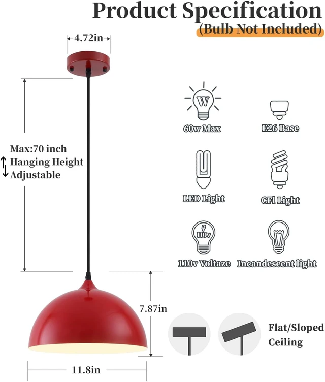 Alt view image 2 of 7 - Industrial Pendant Light Fixtures,11.8" Red Dome Pendant Light Over Kitchen Island 3 Pack, Adjustable Vintage Ceiling Hanging Lamp for Bedroom Restaurant Bar Cafe Dining Room Sink