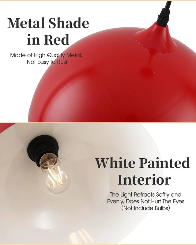 Alt view image 3 of 7 - Industrial Pendant Light Fixtures,11.8" Red Dome Pendant Light Over Kitchen Island 3 Pack, Adjustable Vintage Ceiling Hanging Lamp for Bedroom Restaurant Bar Cafe Dining Room Sink