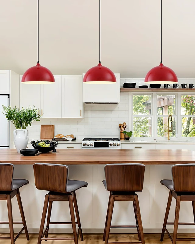 Alt view image 4 of 7 - Industrial Pendant Light Fixtures,11.8" Red Dome Pendant Light Over Kitchen Island 3 Pack, Adjustable Vintage Ceiling Hanging Lamp for Bedroom Restaurant Bar Cafe Dining Room Sink