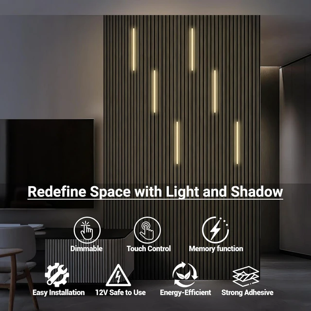 Alt view image 3 of 7 - HAMRVL Black LED Recessed Lighting Kit - 6 PCS 16-Inch 3000k Dimmable Warm White LED Lights with Touch Switch, Wall Panel Light for Wood Slat Wall Panels, Headboards, Stairs, Under Cabinet, Home Decor