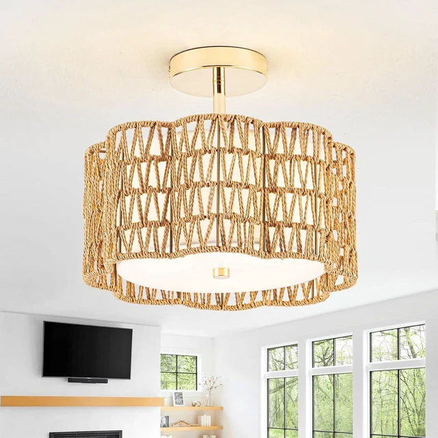 Main image of Tbaoinla 13.8 Handwoven 3-Light Rattan Ceiling Light | Boho Flush Mount for Bedroom & Nursery, Natural Fiber Basket Light Fixture, Gold Light Fixture