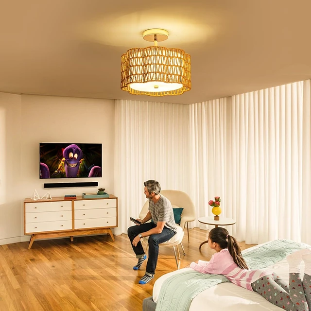 Alt view image 2 of 7 - Tbaoinla 13.8 Handwoven 3-Light Rattan Ceiling Light | Boho Flush Mount for Bedroom & Nursery, Natural Fiber Basket Light Fixture, Gold Light Fixture