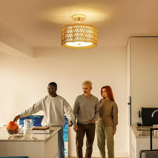 Alt view image 6 of 7 - Tbaoinla 13.8 Handwoven 3-Light Rattan Ceiling Light | Boho Flush Mount for Bedroom & Nursery, Natural Fiber Basket Light Fixture, Gold Light Fixture