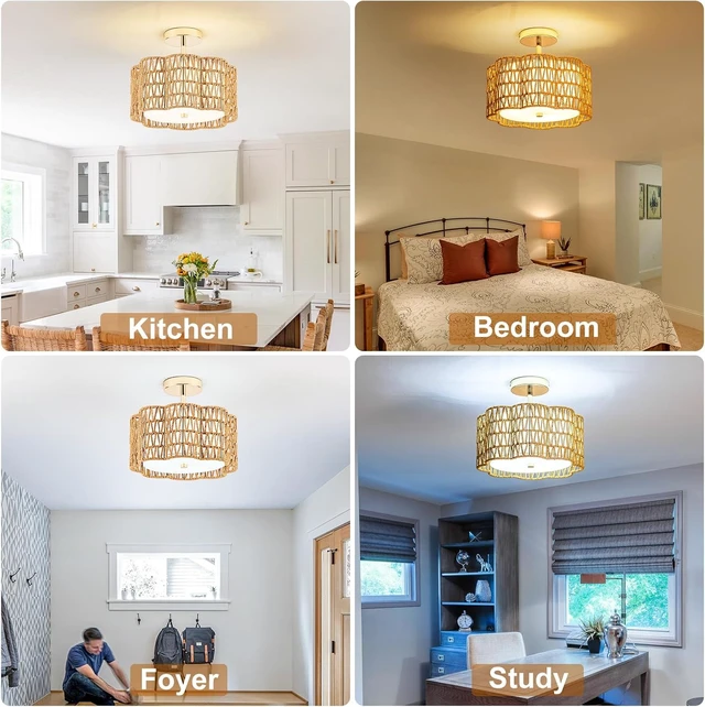 Alt view image 7 of 7 - Tbaoinla 13.8 Handwoven 3-Light Rattan Ceiling Light | Boho Flush Mount for Bedroom & Nursery, Natural Fiber Basket Light Fixture, Gold Light Fixture