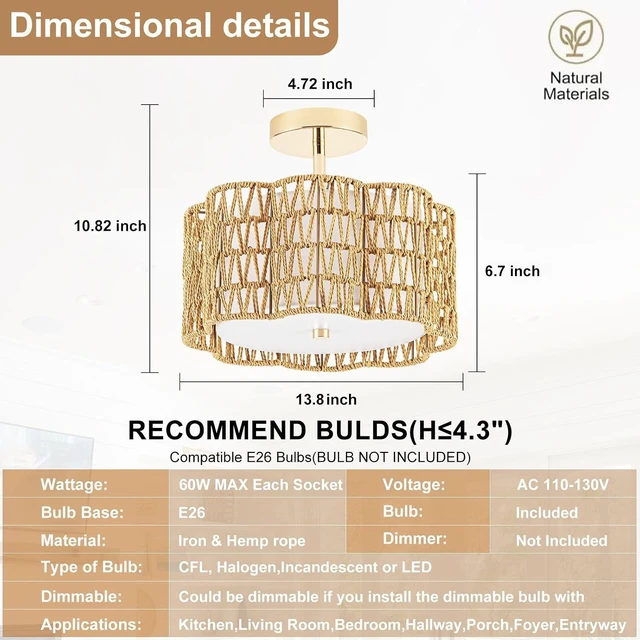 Alt view image 4 of 7 - Tbaoinla 13.8 Handwoven 3-Light Rattan Ceiling Light | Boho Flush Mount for Bedroom & Nursery, Natural Fiber Basket Light Fixture, Gold Light Fixture