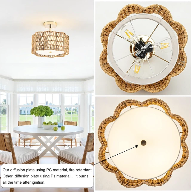 Alt view image 5 of 7 - Tbaoinla 13.8 Handwoven 3-Light Rattan Ceiling Light | Boho Flush Mount for Bedroom & Nursery, Natural Fiber Basket Light Fixture, Gold Light Fixture