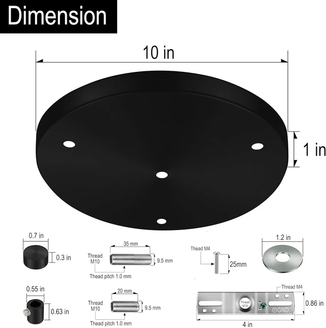 Alt view image 2 of 7 - 10 Inches Light Canopy Kit, Heavy Duty Replacement Ceiling Cover Plate & Mounting Hardware for 3-Light Cluster Pendant Lighting Fixture (Black)