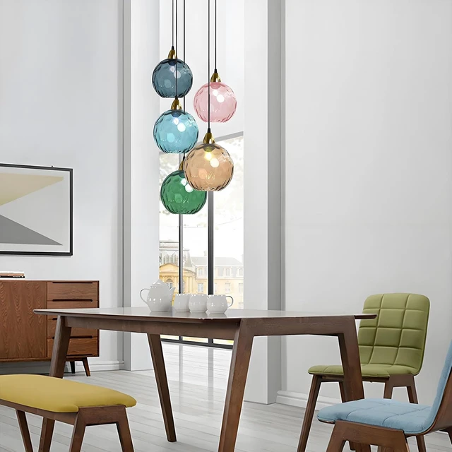 Alt view image 4 of 6 - 20cm/7.9 Industrial Vintage Spherical Glass Pendant Light, E26 Ceiling Hanging Lamp, Gold Finish & Ripple Glass Globe Shade, Dining Room Bedroom Chandelier (Azure Blue, 7.9)