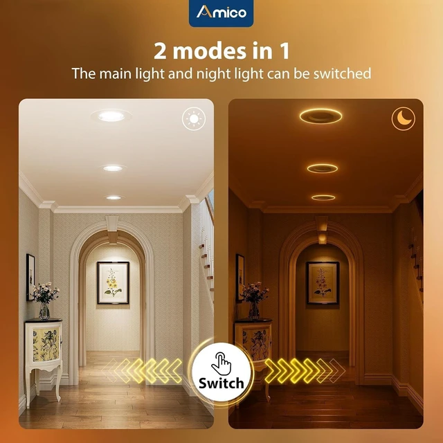 Alt view image 2 of 7 - Amico 5/6 inch LED Retrofit Recessed Can Lights with Night Light, 12 Pack