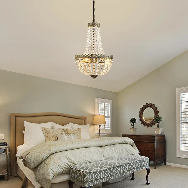 Alt view image 6 of 7 - French Empire Mini Crystal Chandelier Vintage Small Pendant Light D12.6 Farmhouse Ceiling Light Fixture for Bathroom Living Dining Room Bedroom Foyer, 4 Lights Antique Brass Finish,E12