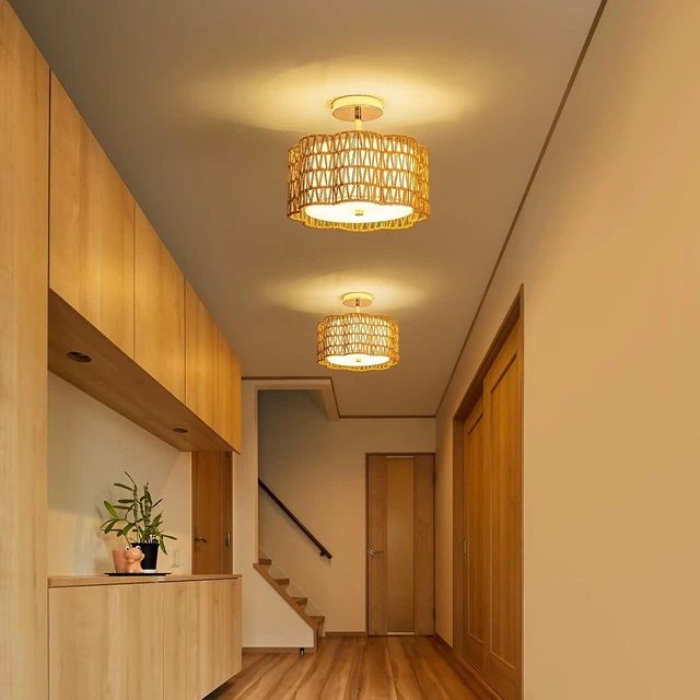 Alt view image 3 of 7 - Tbaoinla 13.8 Handwoven 3-Light Rattan Ceiling Light | Boho Flush Mount for Bedroom & Nursery, Natural Fiber Basket Light Fixture, Gold Light Fixture