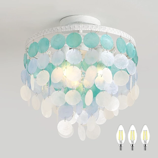 Main image of 13.8" Natural Capiz Shell Chandelier 3 Light Mini Chandelier Boho Ceiling Light Entryway Light Fixture for Girls' Bedroom Hallway Living Room Dinning Room Brushed White Bulb Included