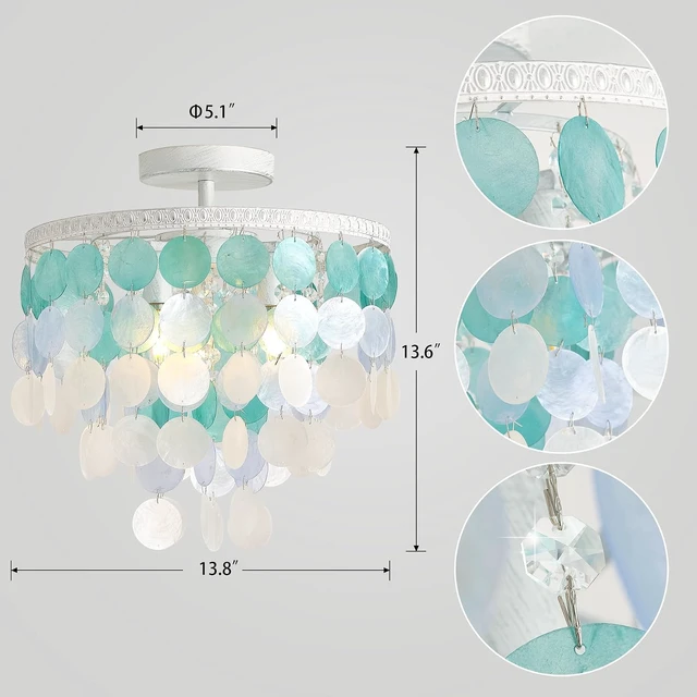 Alt view image 2 of 6 - 13.8" Natural Capiz Shell Chandelier 3 Light Mini Chandelier Boho Ceiling Light Entryway Light Fixture for Girls' Bedroom Hallway Living Room Dinning Room Brushed White Bulb Included