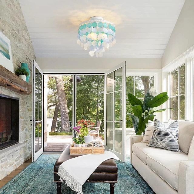 Alt view image 4 of 6 - 13.8" Natural Capiz Shell Chandelier 3 Light Mini Chandelier Boho Ceiling Light Entryway Light Fixture for Girls' Bedroom Hallway Living Room Dinning Room Brushed White Bulb Included