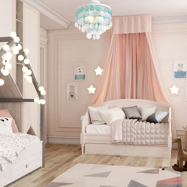 Alt view image 5 of 6 - 13.8" Natural Capiz Shell Chandelier 3 Light Mini Chandelier Boho Ceiling Light Entryway Light Fixture for Girls' Bedroom Hallway Living Room Dinning Room Brushed White Bulb Included