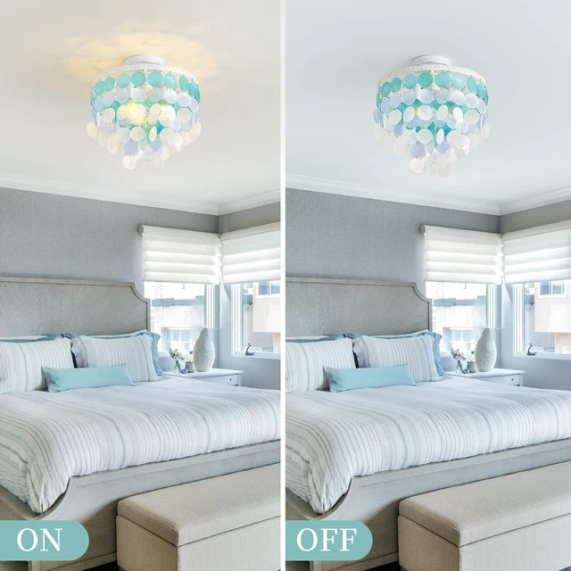 Alt view image 6 of 6 - 13.8" Natural Capiz Shell Chandelier 3 Light Mini Chandelier Boho Ceiling Light Entryway Light Fixture for Girls' Bedroom Hallway Living Room Dinning Room Brushed White Bulb Included