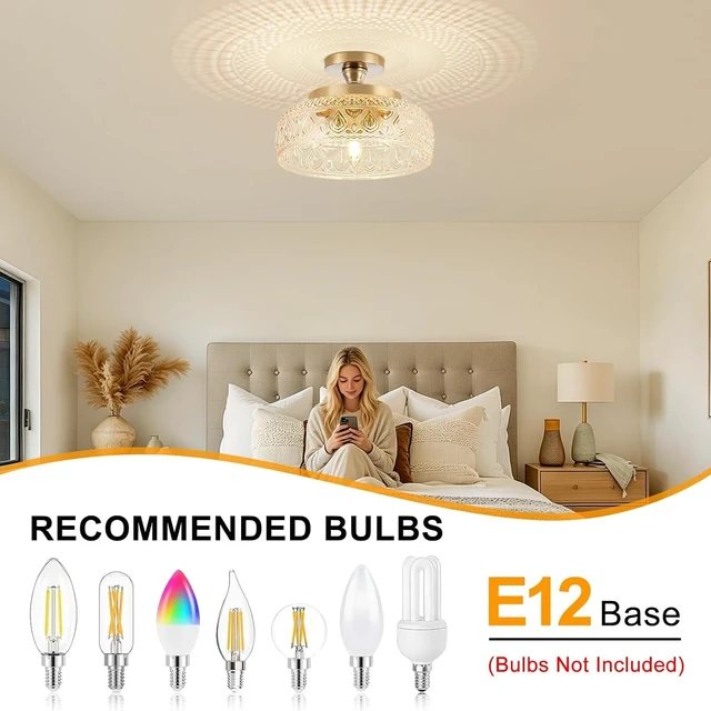 Alt view image 3 of 7 - Golden Semi Flush Mount Ceiling Light with Thickened Hand-Blown Floral Glass, Luxury 3-Light Vintage Pendant for Kitchen Hallway Entryway, Bulbs Not Included