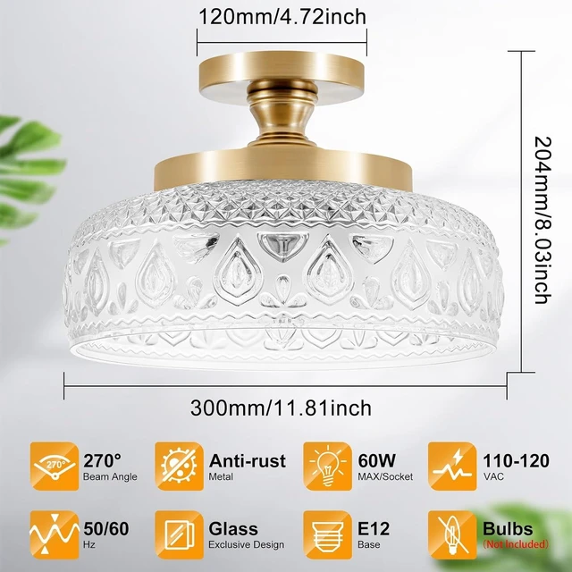 Alt view image 2 of 7 - Golden Semi Flush Mount Ceiling Light with Thickened Hand-Blown Floral Glass, Luxury 3-Light Vintage Pendant for Kitchen Hallway Entryway, Bulbs Not Included